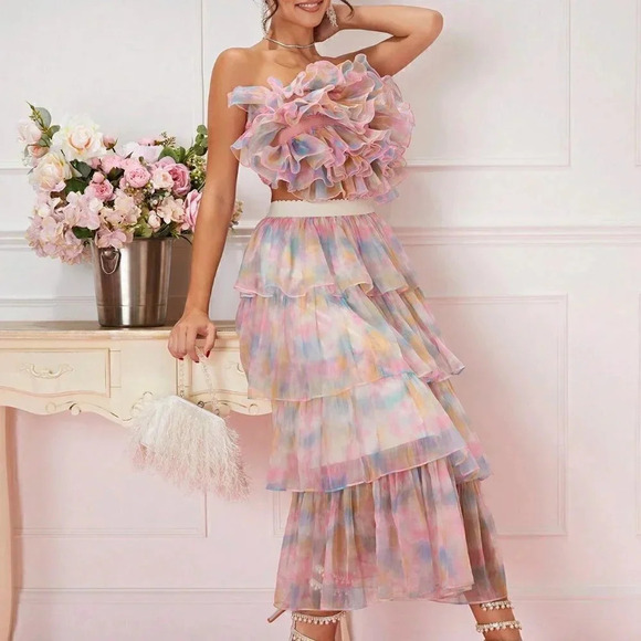 Pink PreppyWomens Summer Blurred Floral Layered Ruffle Top - Picture 3 of 5